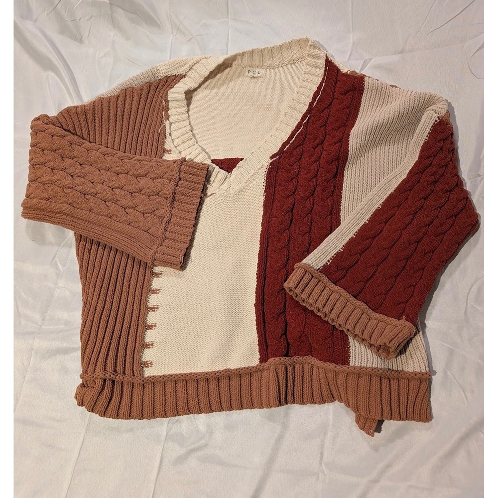 Pol Patchwork Knit Sweater V Neck Cable Knit Colo… - image 1